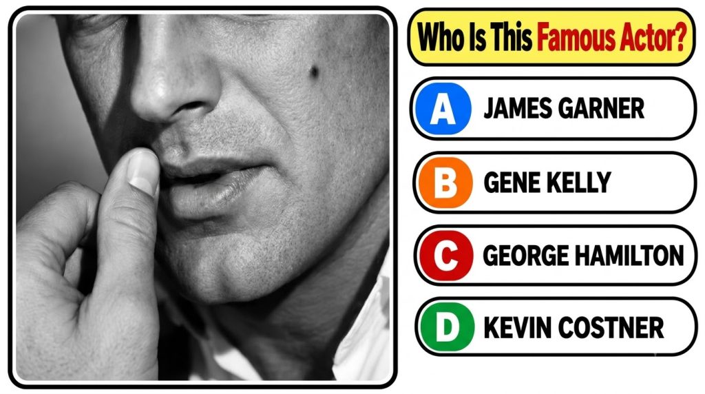Black and white close-up of Humphrey Bogart s lower face hand near lips in a quiz format