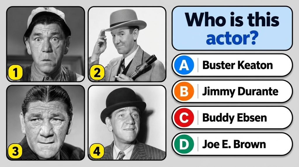 Four black-and-white portraits of Joe E Brown from different stages of his career arranged in a quiz format with a quest