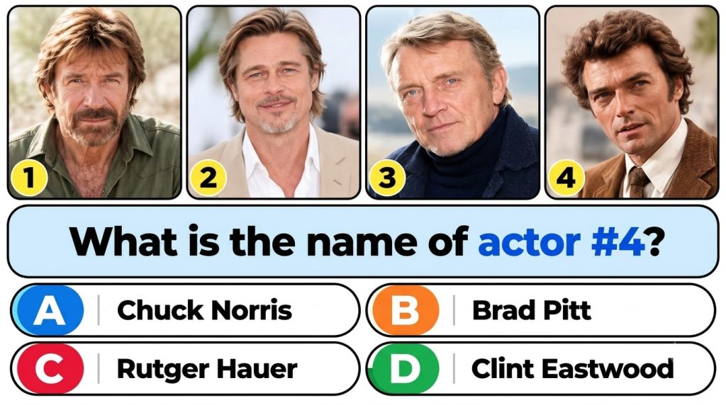 A multiple-choice quiz image showing four headshots of actors Chuck Norris Brad Pitt Rutger Hauer and a young Clint East