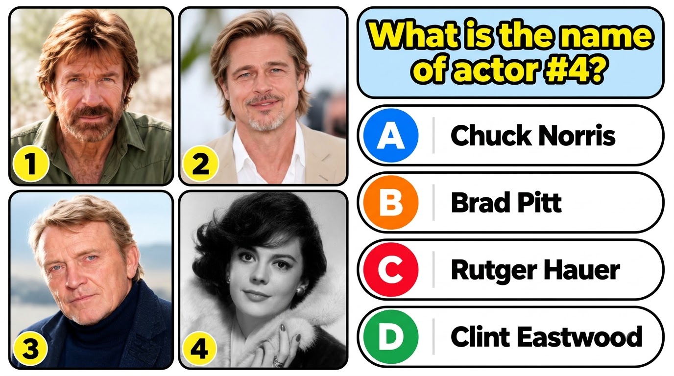 A multiple-choice quiz showing four celebrity portraits in a 2x2 grid with Chuck Norris Brad Pitt Rutger Hauer and Natal