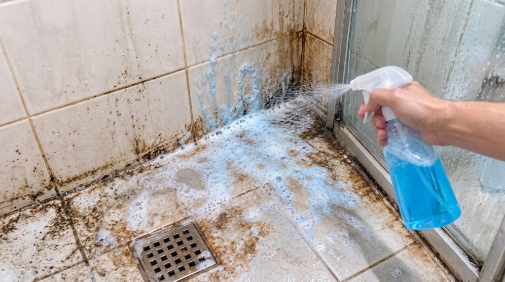 A hand spraying blue cleaning solution onto a dirty tiled shower corner with mold and grime showing the foam starting to