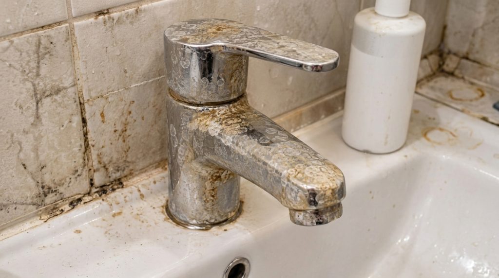 Close-up of a chrome bathroom faucet heavily encrusted with mineral deposits and hard water stains creating a textured t