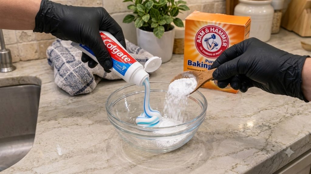 Hands mixing toothpaste and baking soda in a clear glass bowl on a light-colored countertop