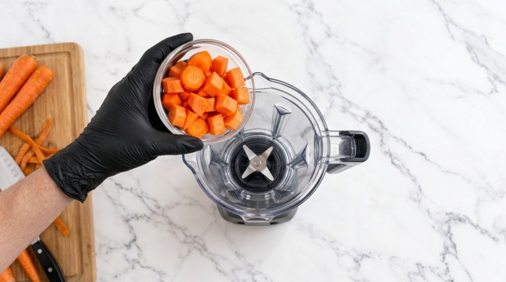 A hand in a black glove holding a bowl of chopped carrots over a clear blender pitcher on a white marble countertop read