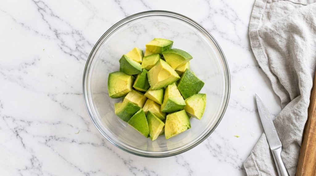 A clear glass bowl filled with perfectly diced avocado pieces on a white marble countertop