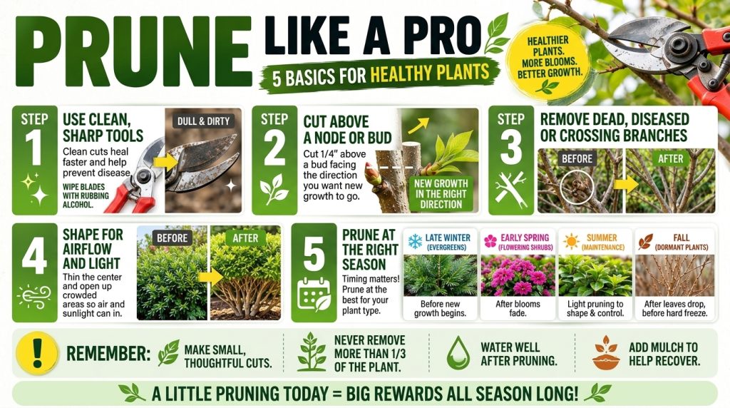 An infographic titled PRUNE LIKE A PRO 5 BASICS FOR HEALTHY PLANTS showing visual guides on tool care cutting techniques