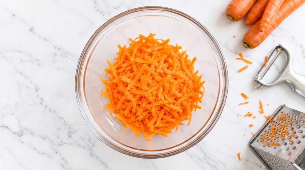 A clear glass bowl filled with finely grated orange carrots placed on a light-colored marble surface from an overhead pe