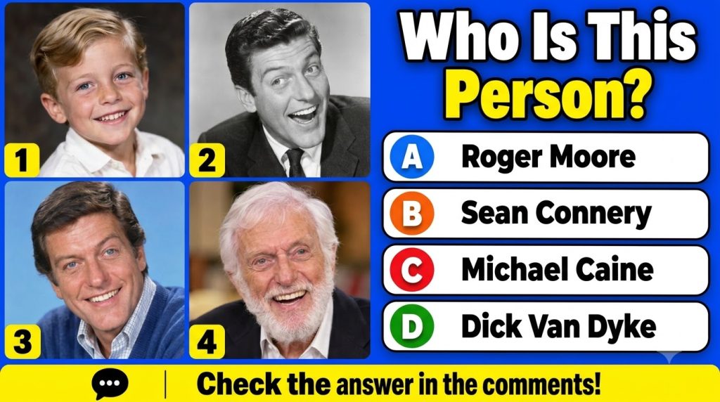 A 2x2 grid of four portraits of Dick Van Dyke at different ages as a young boy a young adult in black and white a middle