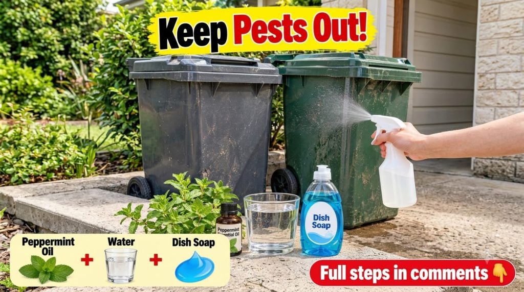A person spraying a green outdoor garbage bin with a white spray bottle with a Bye bye rats overlay