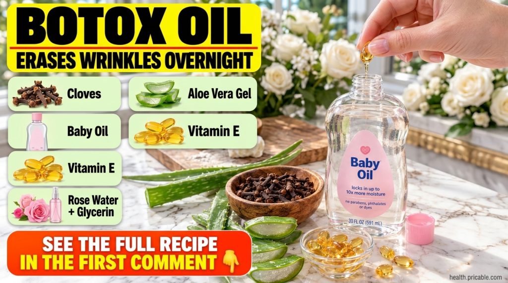 Ingredients for Botox Oil including baby oil cloves aloe vera slices and vitamin E capsules on a light surface with a ha
