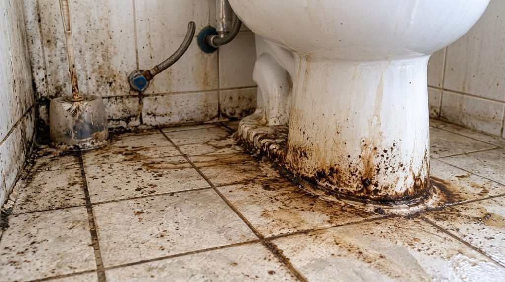 Close-up low-angle view of the base of a white toilet and surrounding floor tiles both heavily soiled with dark brown gr