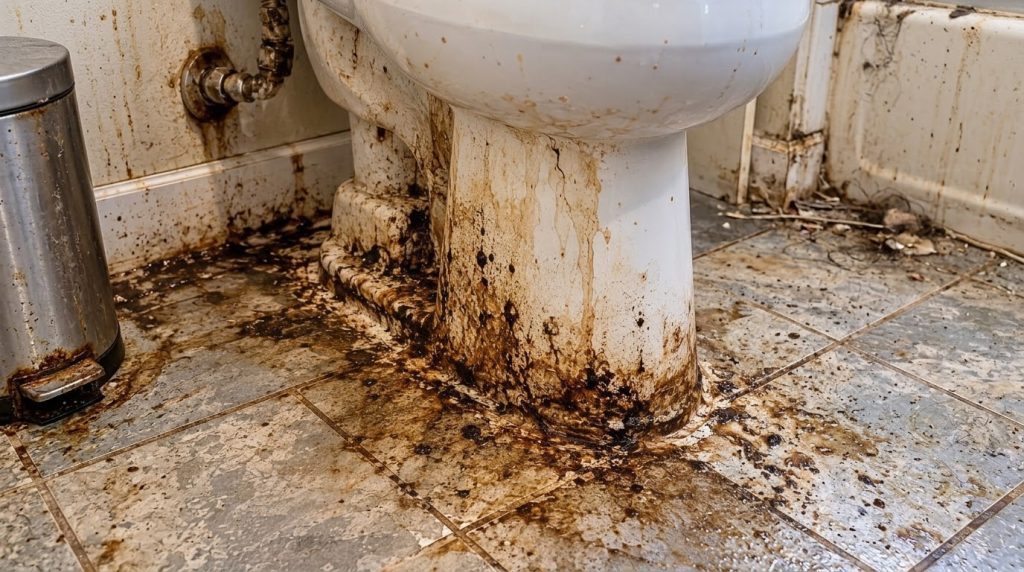 Close-up low-angle view of a white toilet base and surrounding tiled floor heavily soiled with extensive dark brown visc