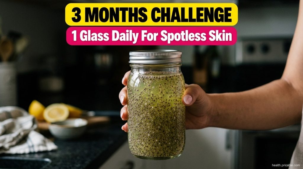 A clear glass mason jar held by a hand filled with a green-tinted liquid and swollen chia seeds against a dark backgroun