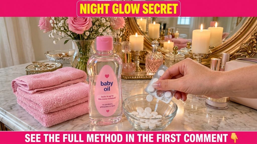 A bottle of Johnson s Baby Oil next to a small bowl with crushed white pills and a mortar and pestle on a vanity with so