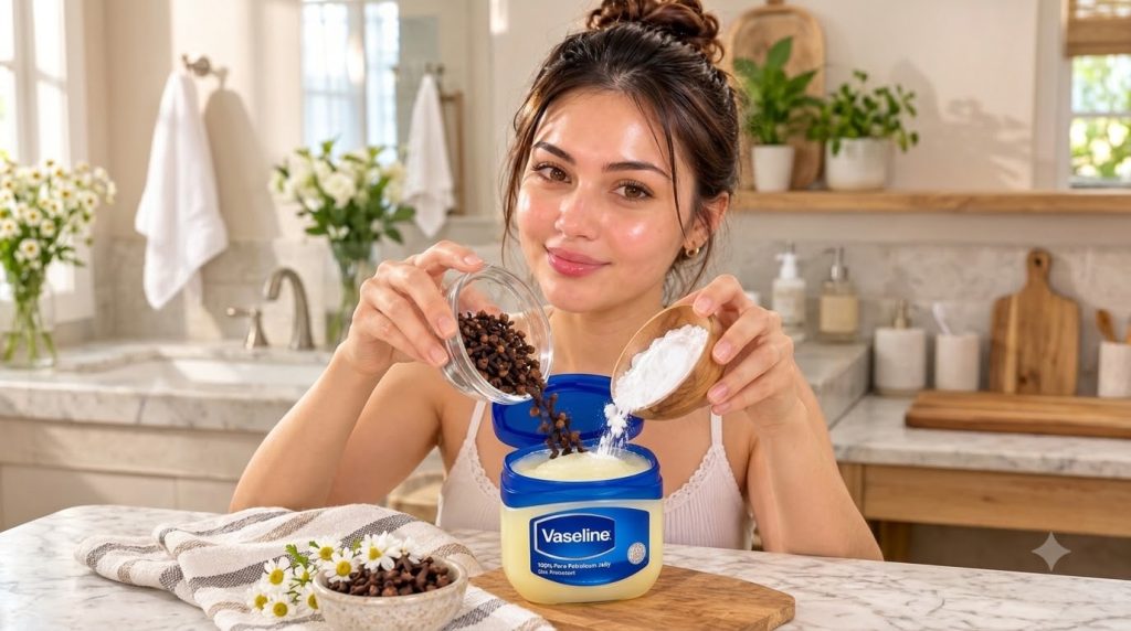 A smiling woman pouring dried cloves and white powder into a large jar of Vaseline set against a bright kitchen backgrou
