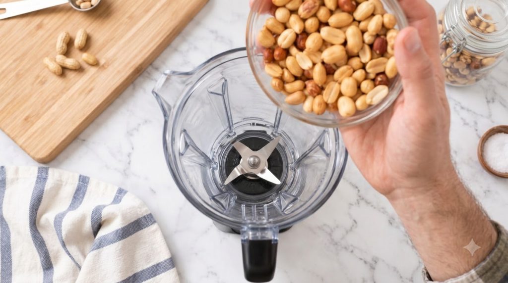A hand pouring roasted peanuts from a glass bowl into a clear blender with its blades at the bottom