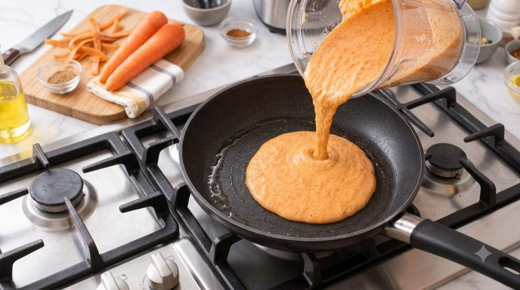 Carrot pancake batter being poured from a glass bowl into a hot non-stick frying pan