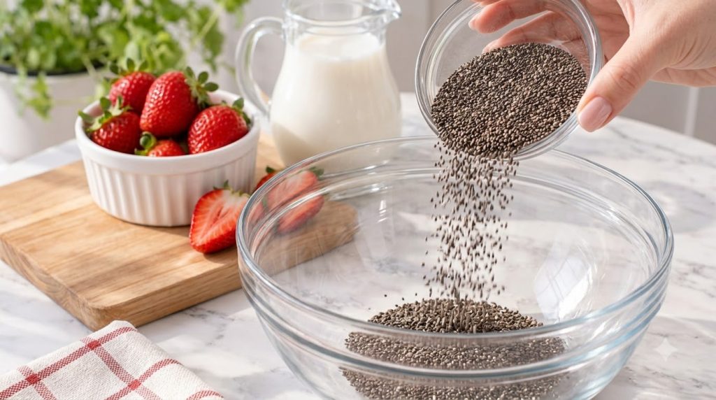 A hand pouring chia seeds from a small glass bowl into a larger clear glass mixing bowl with fresh strawberries in a ram