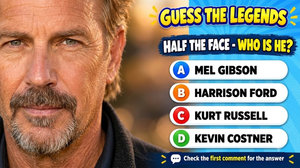 A quiz card showing half of Kevin Costner s face with four answer options below
