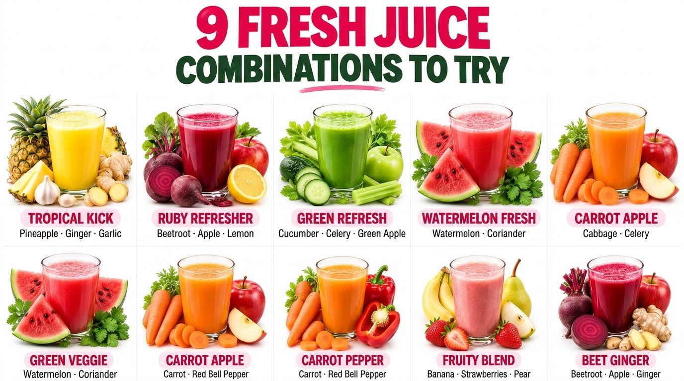A vibrant grid of nine distinct fresh juice combinations each with a glass of juice and its corresponding whole and cut 