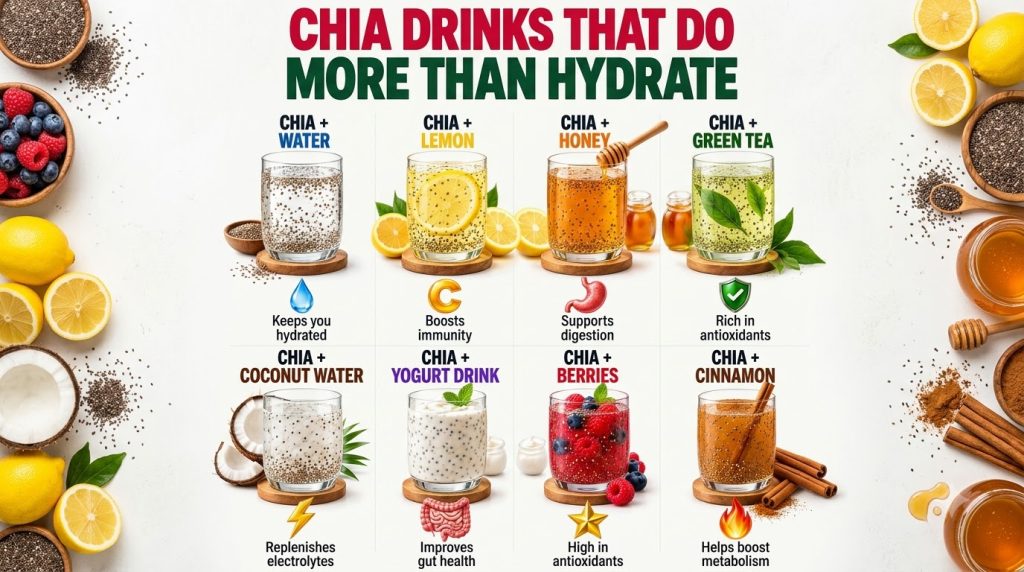 An infographic showing eight different chia seed drink combinations in clear glasses each with distinct liquids and garn