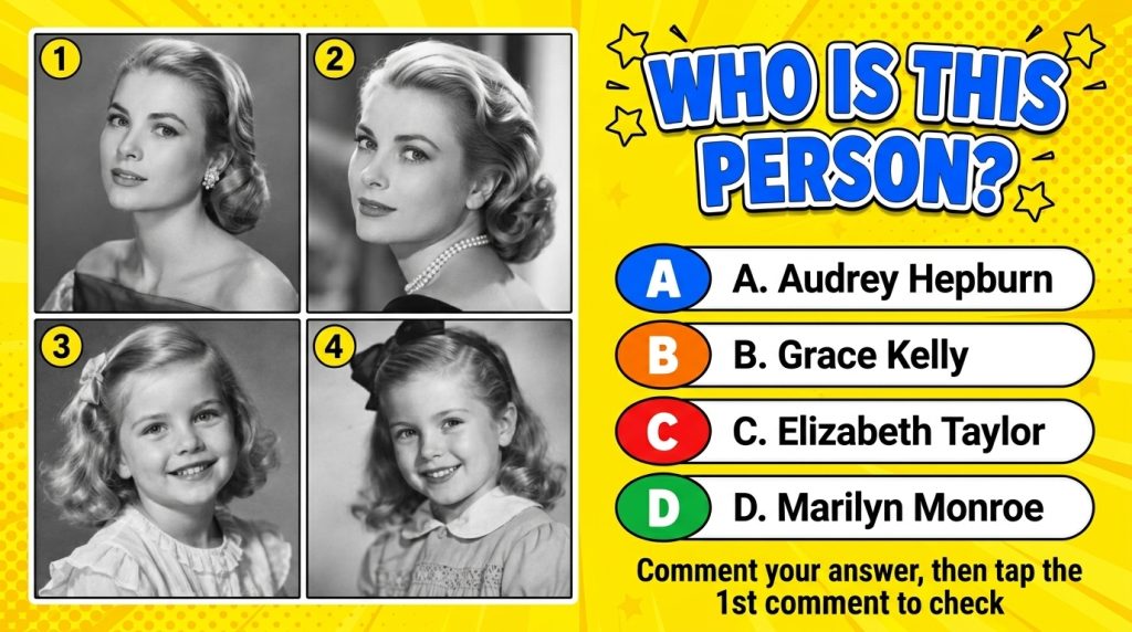 A 2x2 grid of black and white photographs of Grace Kelly at different stages of her life from childhood to young adultho