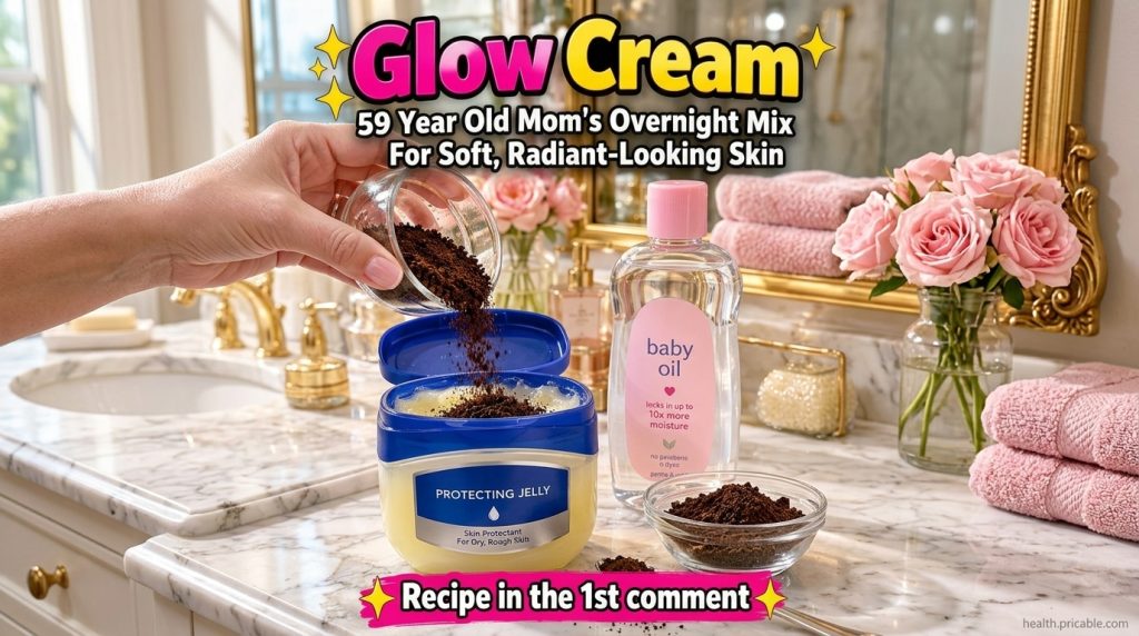 A close-up of a hand mixing petroleum jelly baby oil and fine brown powder in a small glass jar on a bathroom vanity