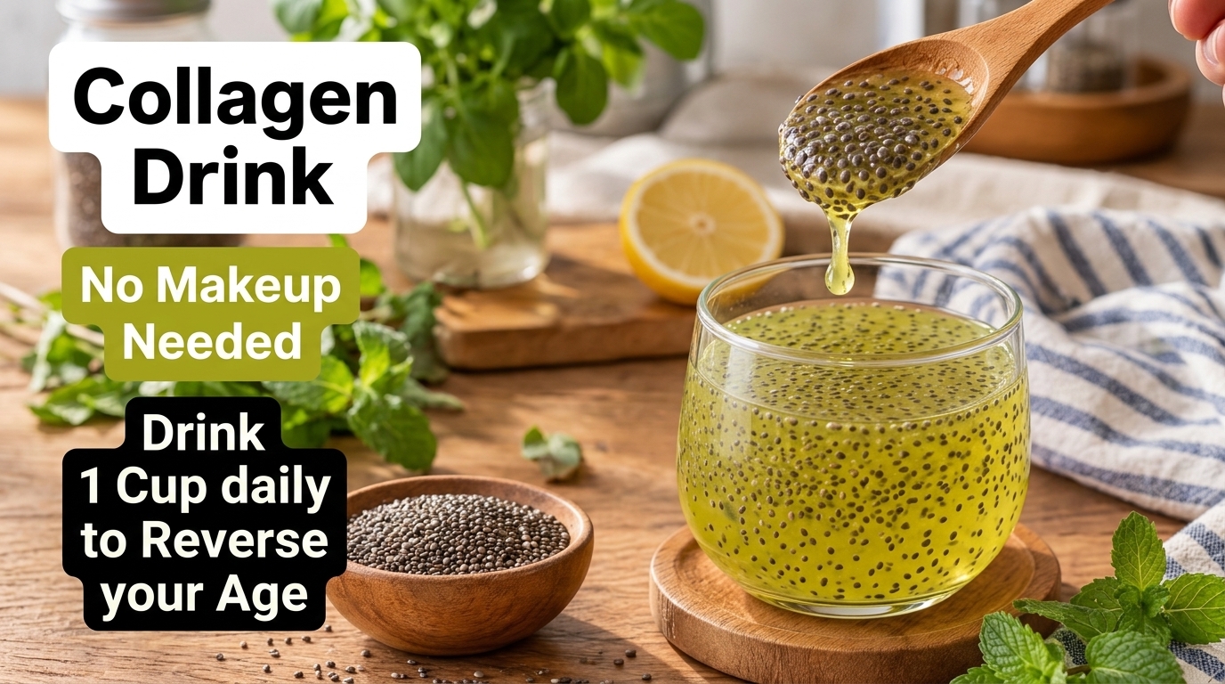 A vibrant yellow chia seed drink being poured into a glass with fresh mint leaves and a sliced lemon nearby on a wooden 