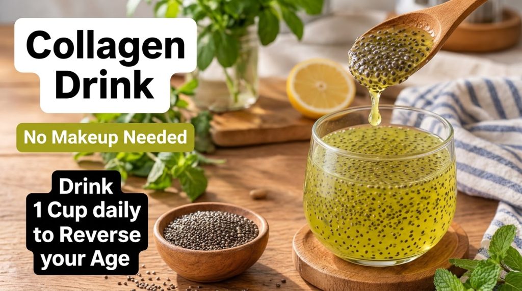 A yellow collagen drink with chia seeds being stirred with a wooden spoon in a glass with fresh mint leaves and a lemon 