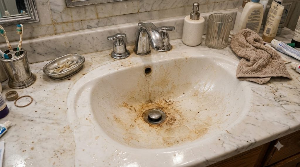 A close-up high-angle view of a visibly dirty white bathroom sink with brown and orange stains grime and hard water depo