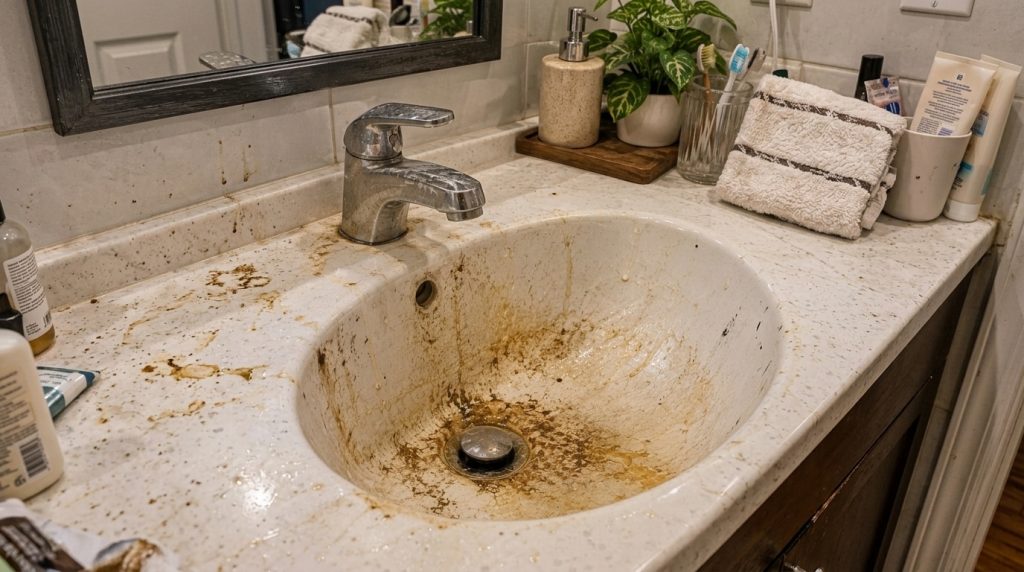A severely dirty white bathroom sink covered in dried brown grime and water spots particularly concentrated in the basin