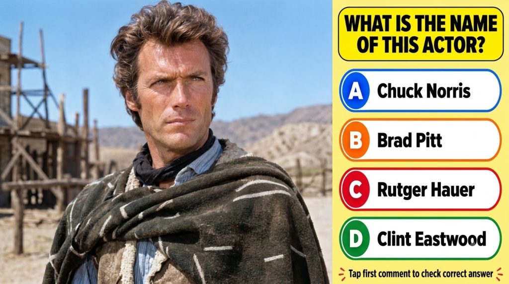 A brightly colored social media quiz card with four male celebrity portraits at the top and the question What is the nam