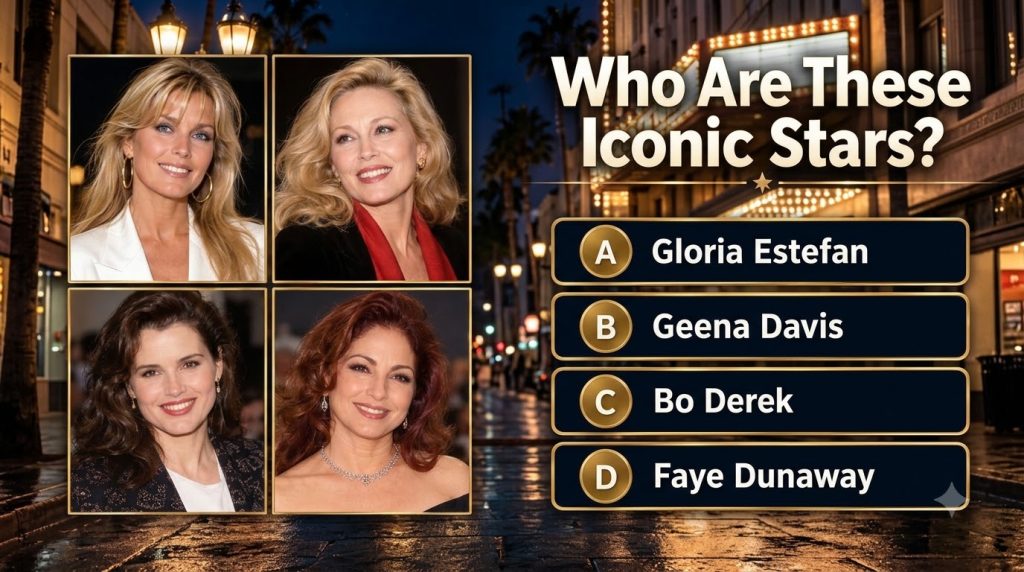 A 2x2 grid of four celebrity headshots with answer options below Photo 1 shows Bo Derek a blonde woman with hoop earring