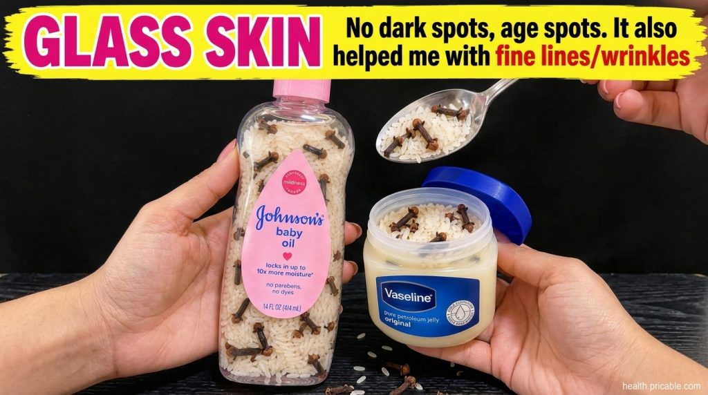 A still life image showing Johnson s Baby Oil a jar of Vaseline a bowl of white rice grains and whole cloves arranged on