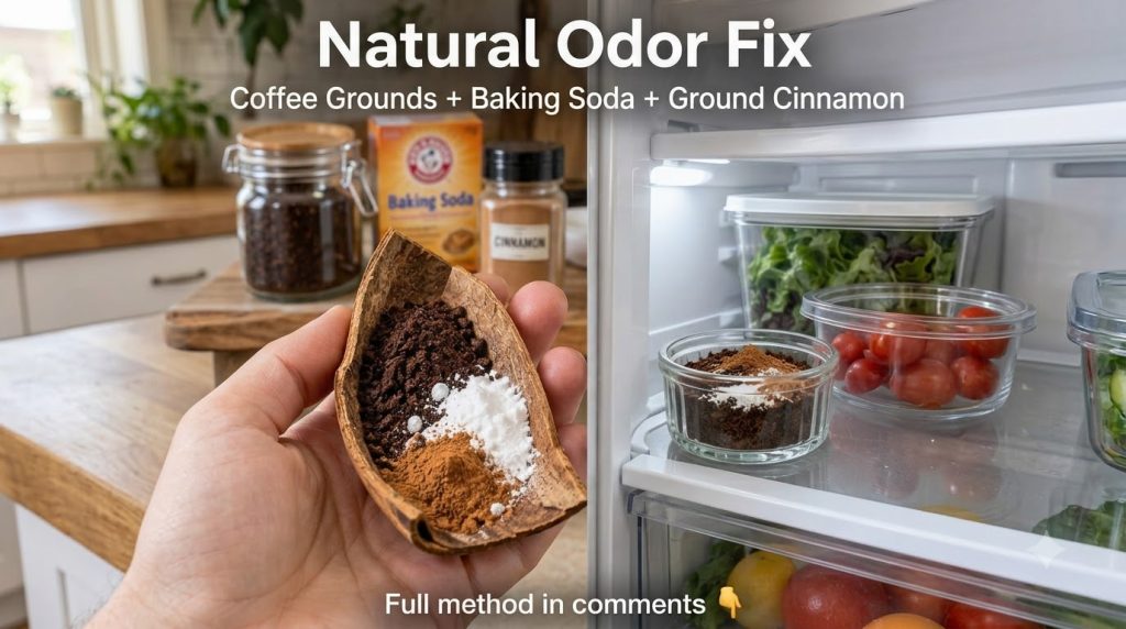 A hand holding a piece of cinnamon bark containing ground coffee and a small pile of sugar