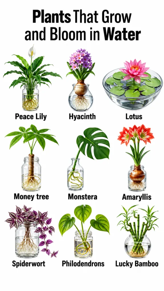Nine different plants growing in clear glass containers with visible roots and some blooms The plants include Peace Lily