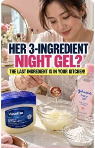A woman pouring baby oil from a copper measuring spoon into a glass bowl containing Vaseline and cornstarch mixture on a