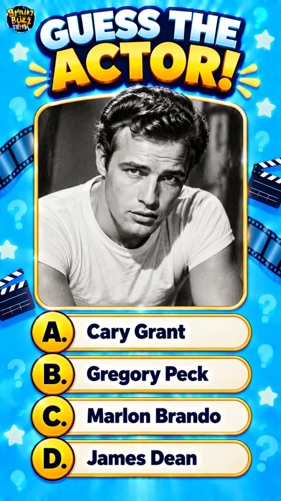 A black and white portrait of a young Marlon Brando in a white t-shirt set within a Guess the Actor trivia game interfac