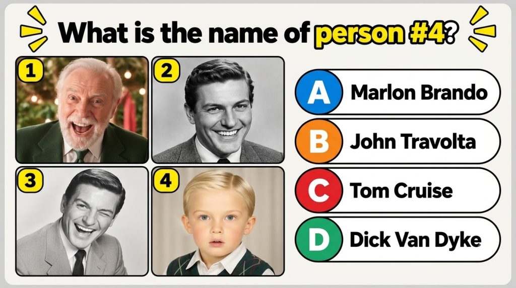 A multi-panel quiz image showing four celebrity portraits with Person 4 highlighted who is a young blonde boy with blue