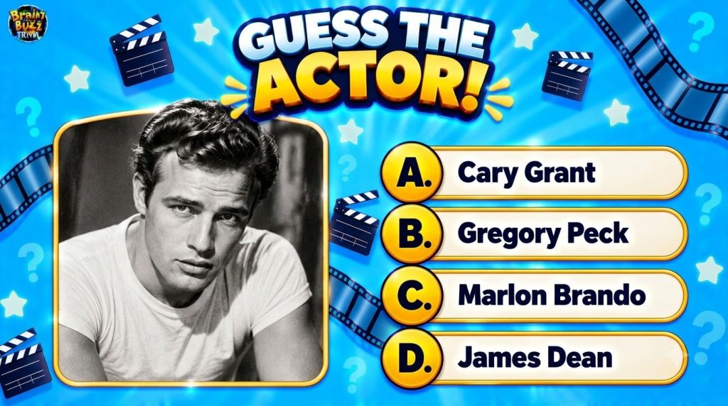 A mobile game quiz screen titled Guess The Actor featuring a black and white portrait of a young Marlon Brando with a br