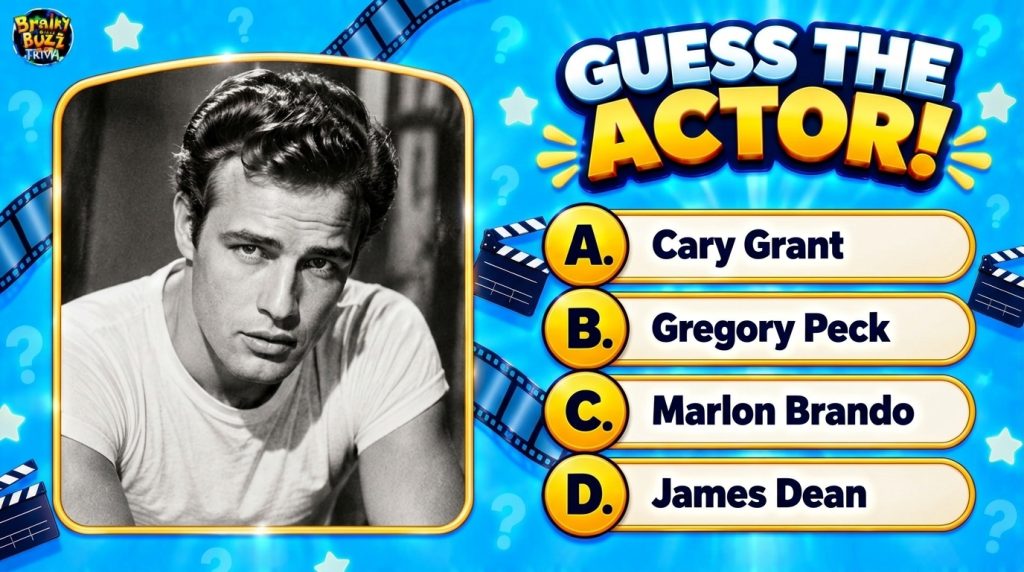 A black and white portrait of a young Marlon Brando set within a quiz interface with a gold frame vibrant blue backgroun