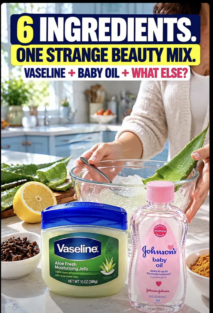 Ingredients laid out for the DIY beauty mix Vaseline baby oil fresh aloe vera sliced lemon cloves and turmeric on a kitc
