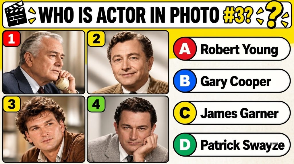 A multiple-choice quiz image asking WHO IS ACTOR IN PHOTO 3 with four black and white portraits of classic male Hollywoo