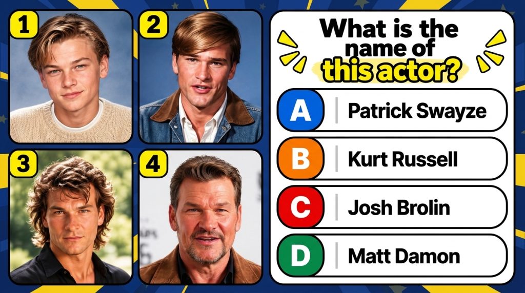 A multiple-choice quiz image showing four headshots of actors two of which are Josh Brolin at different ages The questio