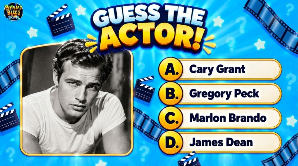 A mobile game screen titled GUESS THE ACTOR featuring a black and white portrait of a young Marlon Brando with multiple-
