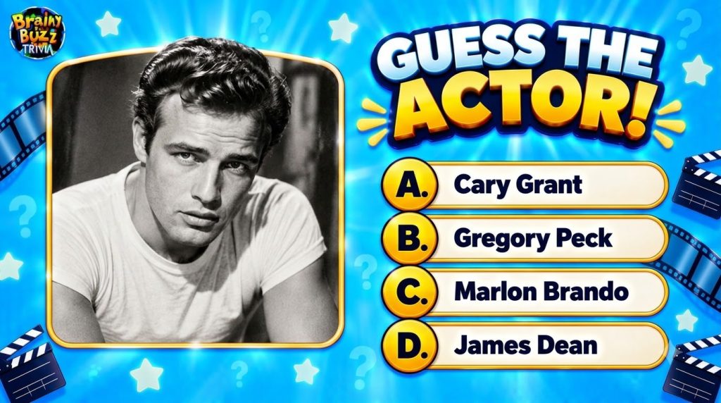 A black and white portrait of a young intense-looking man with dark hair set within a quiz interface The interface has a