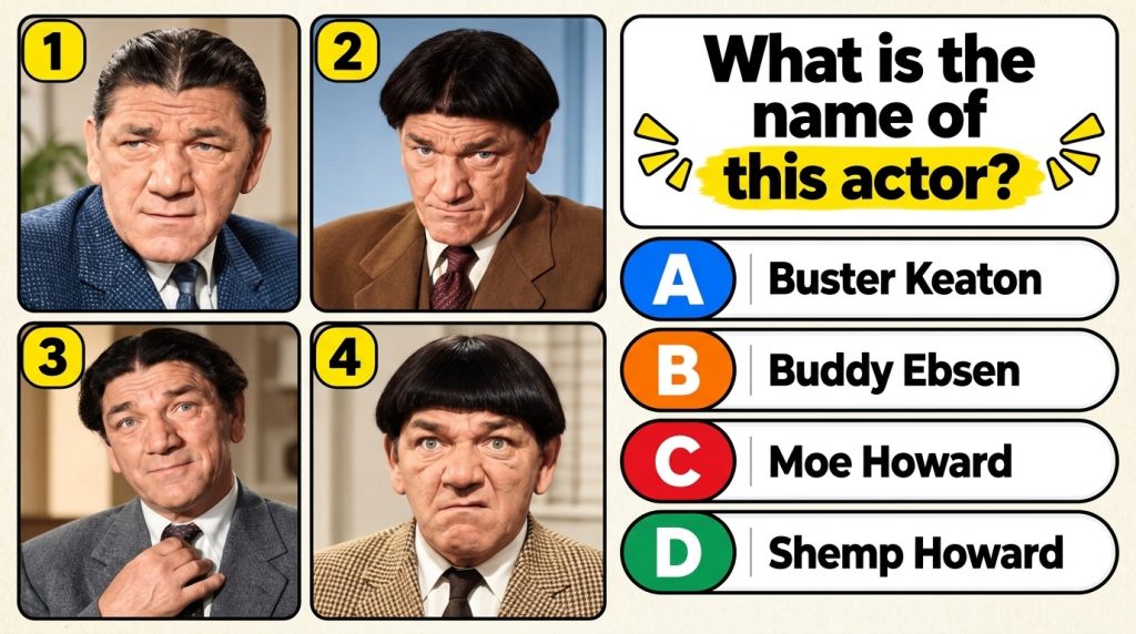 A quiz image showing four portrait headshots of Moe Howard in various looks some with bowl cut some with conventional ha