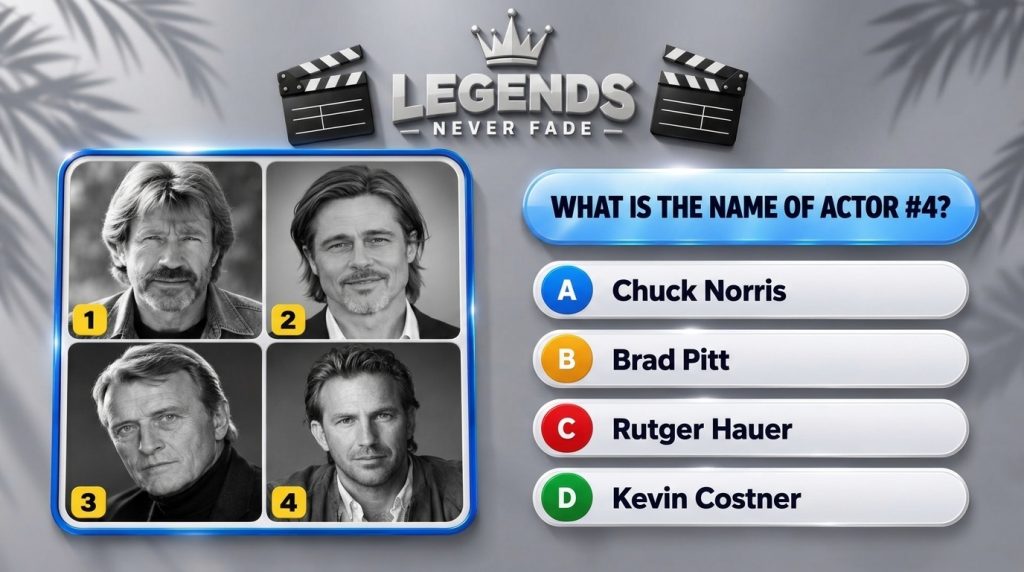 A mobile quiz game interface titled LEGENDS NEVER FADE with a crown and film clapperboards Below a 2x2 grid shows black-