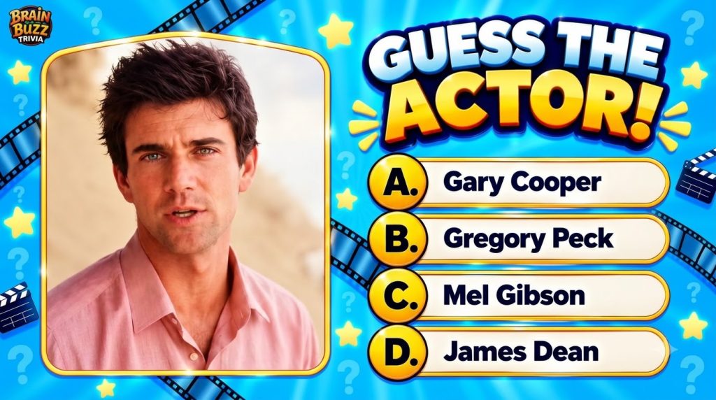 A mobile trivia game screen titled GUESS THE ACTOR with a portrait of a classic Hollywood actor in a golden frame surrou