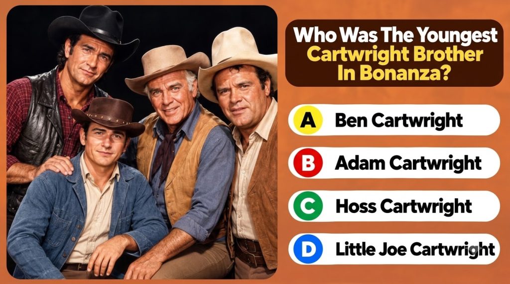 A classic portrait of the four Cartwright men from Bonanza Ben Adam Hoss Little Joe dressed in Western attire Below them